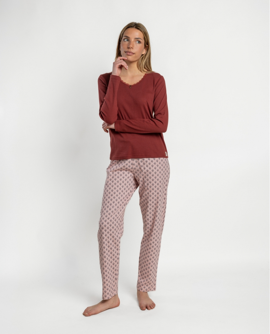 ADMAS Pijama Manga Larga Provence para Mujer BURDEOS