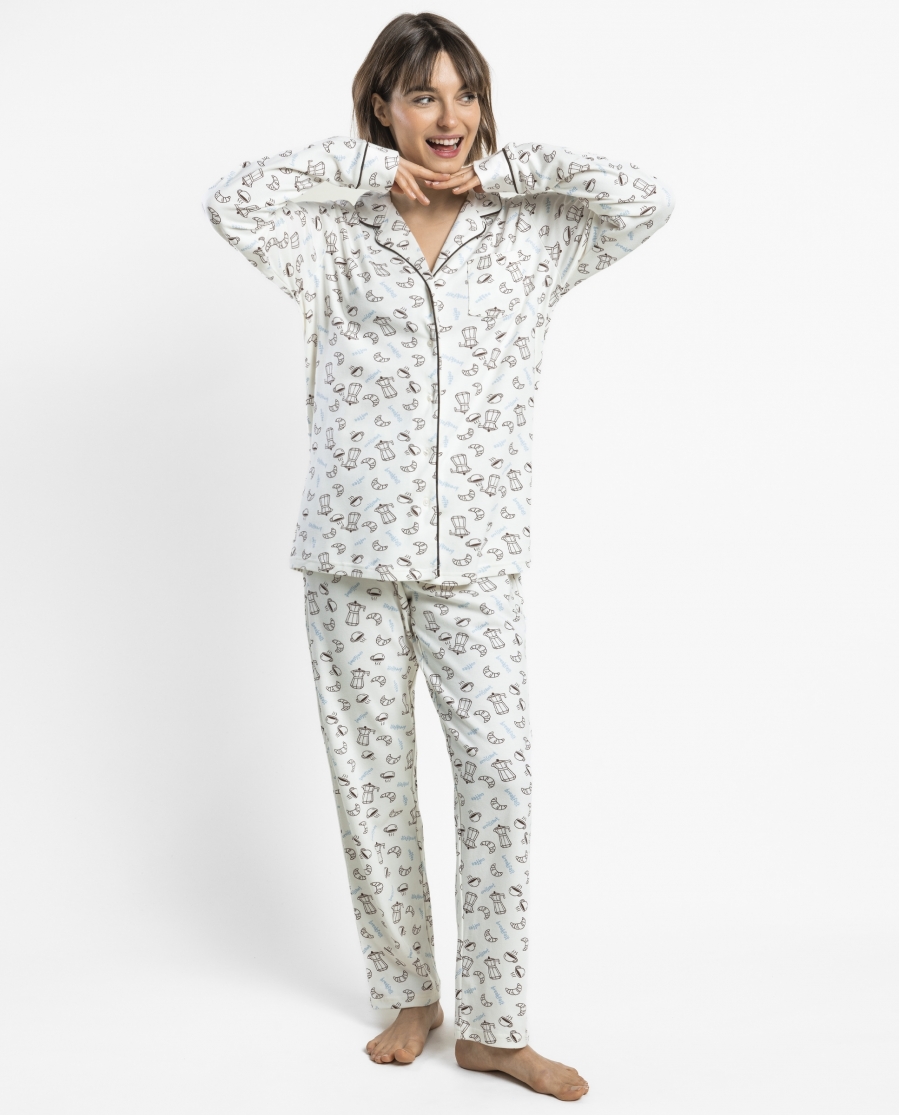 ADMAS Pijama Abierto Manga Larga Breakfast para Mujer CRUDO