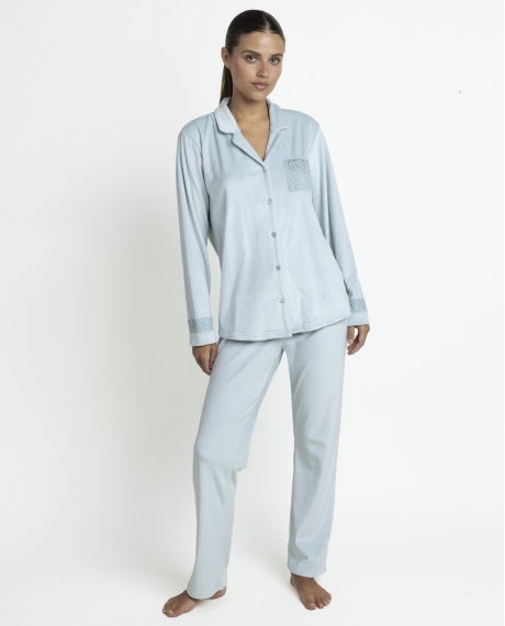 ADMAS LUXURY Pijama Abierto Manga Larga Guipure para Mujer AQUA