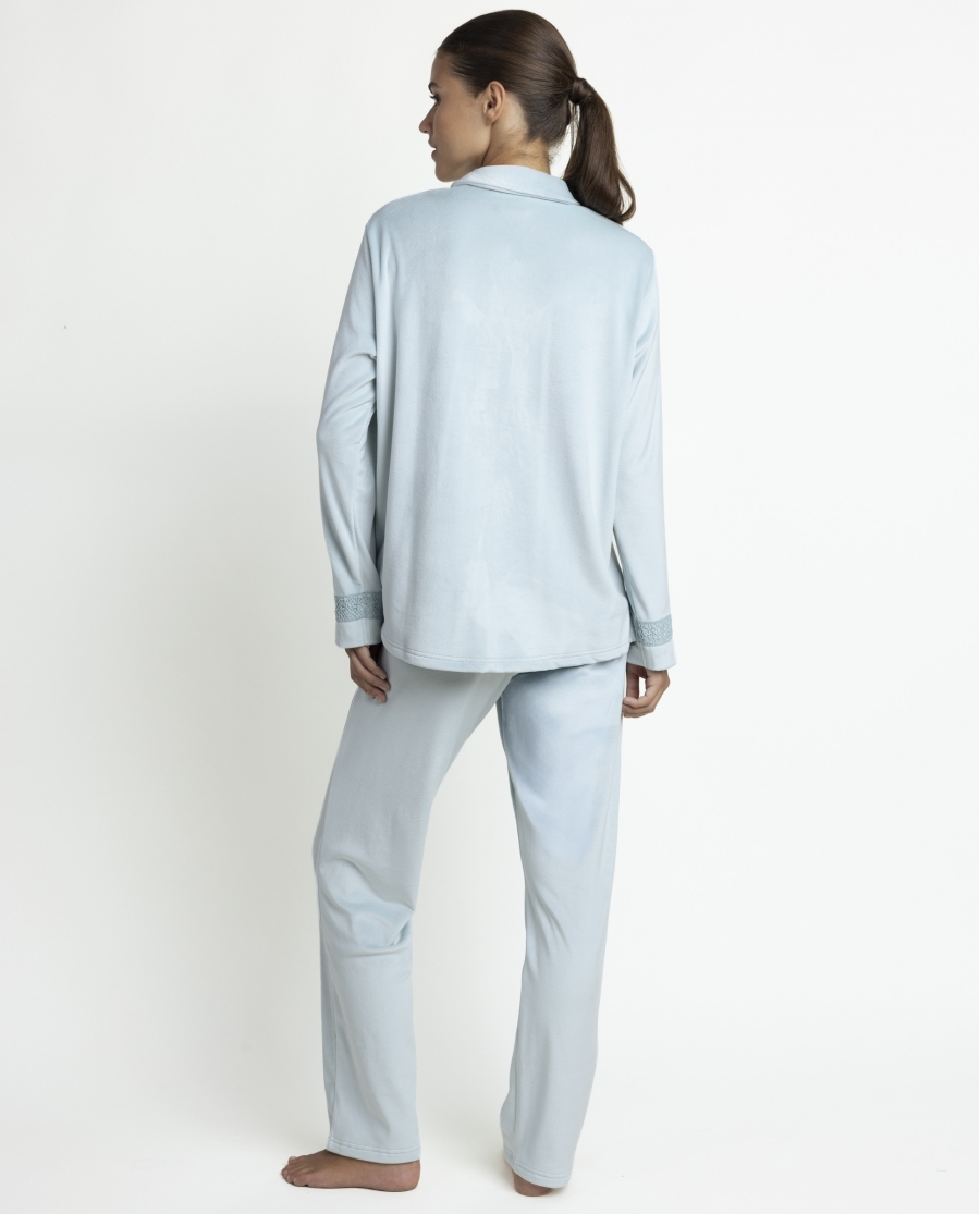 ADMAS LUXURY Pijama Abierto Manga Larga Guipure para Mujer AQUA