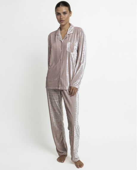 ADMAS LUXURY Pijama Abierto Manga Larga Luxe Stripes para Mujer PIEDRA