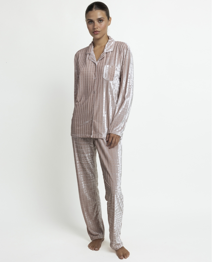 ADMAS LUXURY Pijama Abierto Manga Larga Luxe Stripes para Mujer PIEDRA