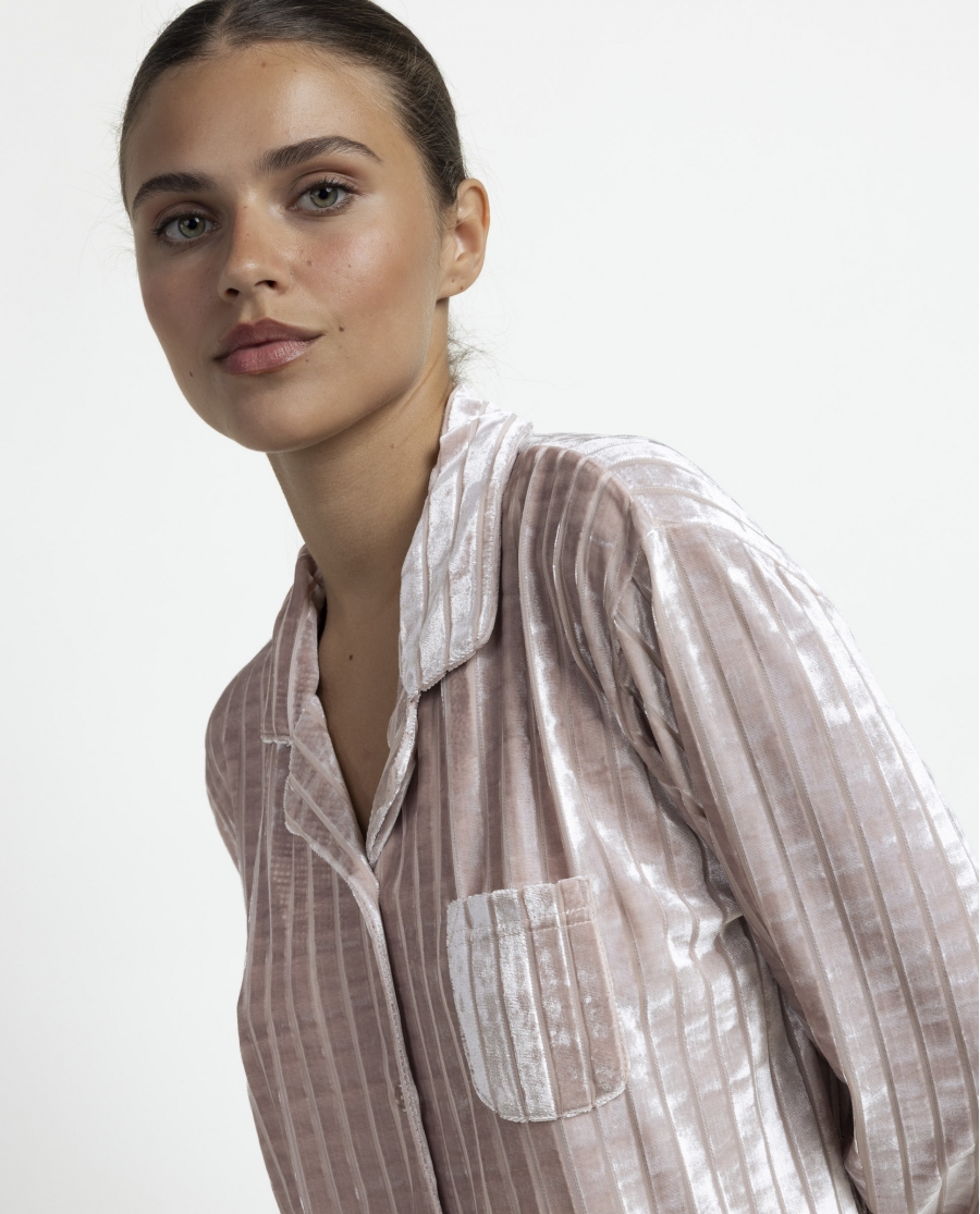 ADMAS LUXURY Pijama Abierto Manga Larga Luxe Stripes para Mujer PIEDRA