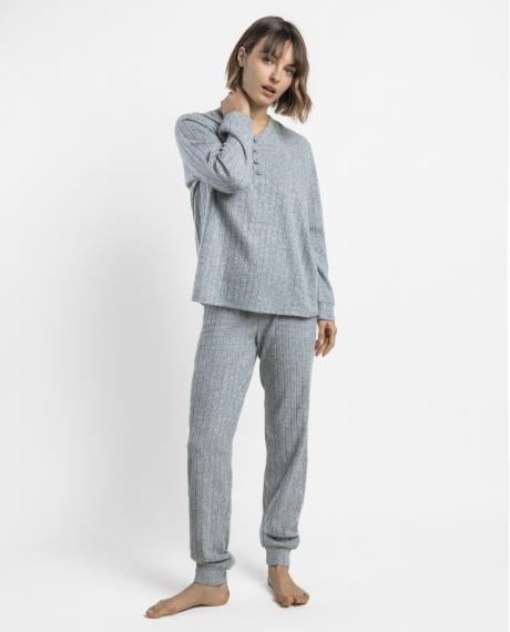 ADMAS HOME Pijama Manga Larga Pico Canalé Home para Mujer GRIS JASPE