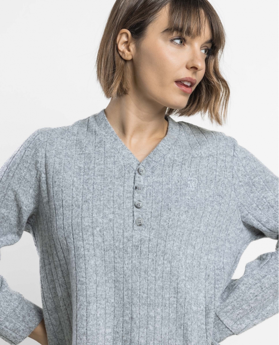 ADMAS HOME Pijama Manga Larga Pico Canalé Home para Mujer GRIS JASPE