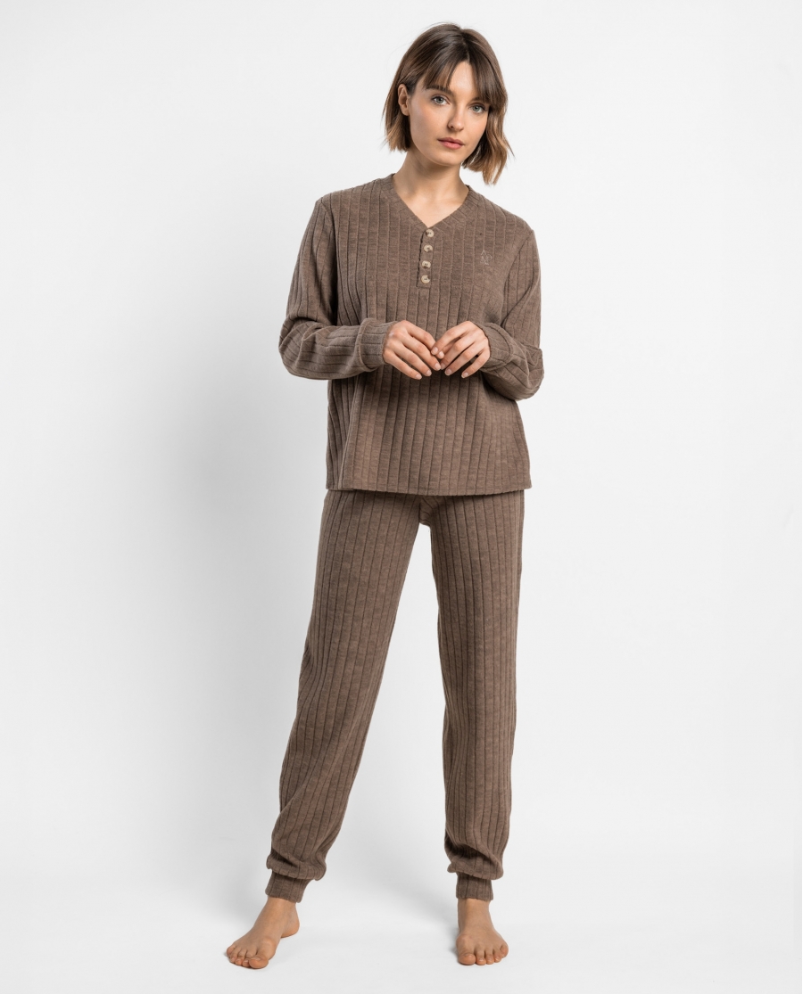 ADMAS HOME Pijama Manga Larga Pico Canalé Home para Mujer CHOCOLATE