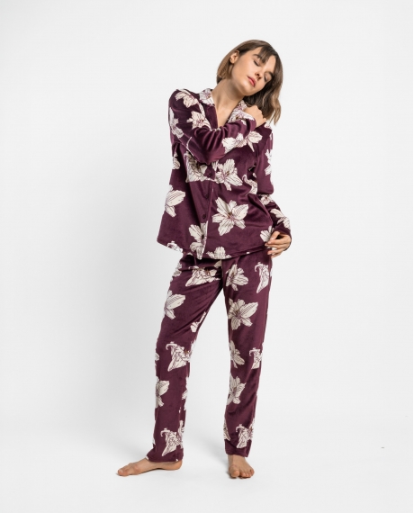 ADMAS LUXURY Pijama Abierto Manga Larga White Flowers para Mujer BURDEOS
