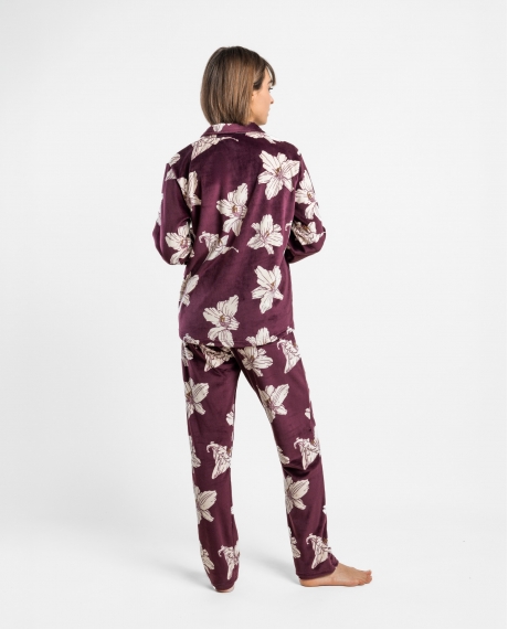 ADMAS LUXURY Pijama Abierto Manga Larga White Flowers para Mujer BURDEOS 2
