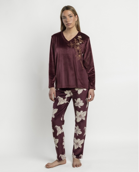 ADMAS LUXURY Pijama Manga Larga White Flowers para Mujer BURDEOS