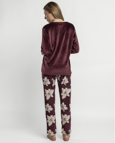 ADMAS LUXURY Pijama Manga Larga White Flowers para Mujer BURDEOS 2