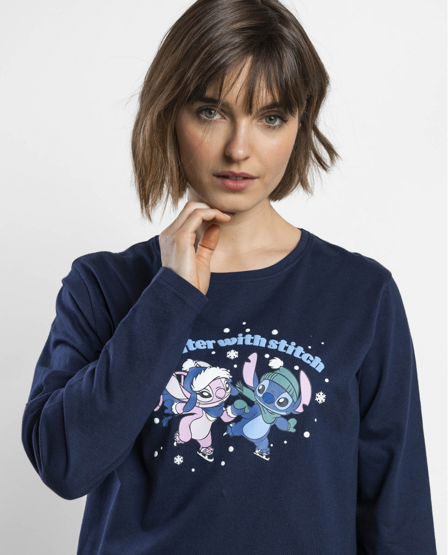 DISNEY Pijama Manga Larga Winter With Stitch para Mujer MARINO
