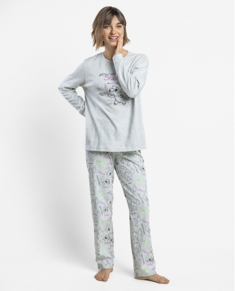 DISNEY Pijama Manga Larga Stitch Draw para Mujer GRIS JASPE
