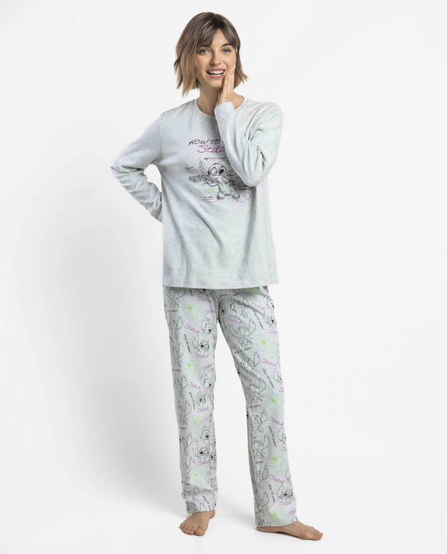 DISNEY Pijama Manga Larga Stitch Draw para Mujer GRIS JASPE