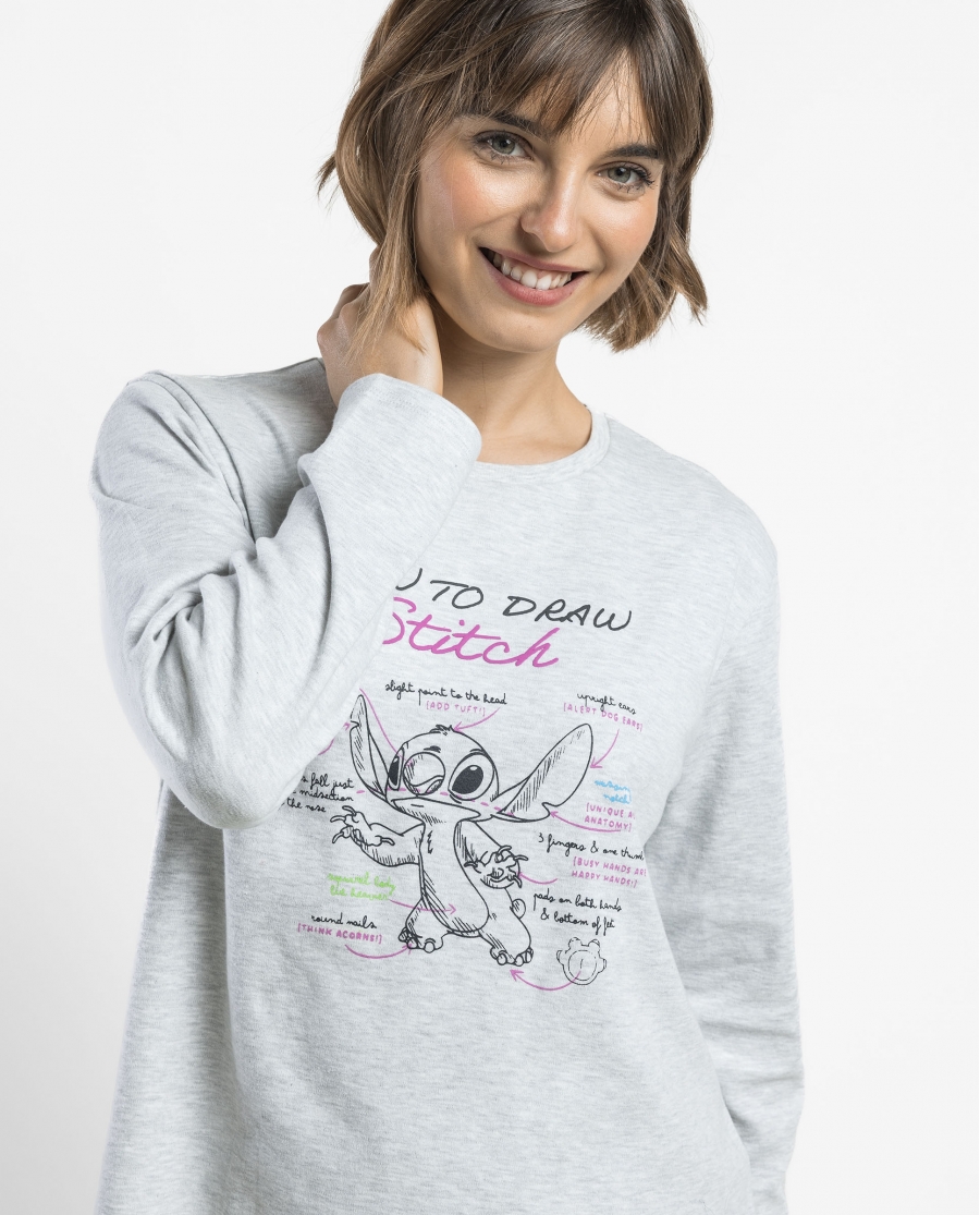 DISNEY Pijama Manga Larga Stitch Draw para Mujer GRIS JASPE