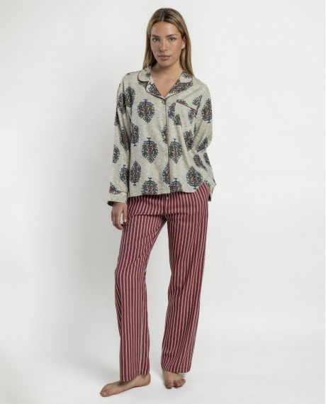 ADMAS Pijama Abierto Manga Larga Nature Stripes para Mujer BEIGE