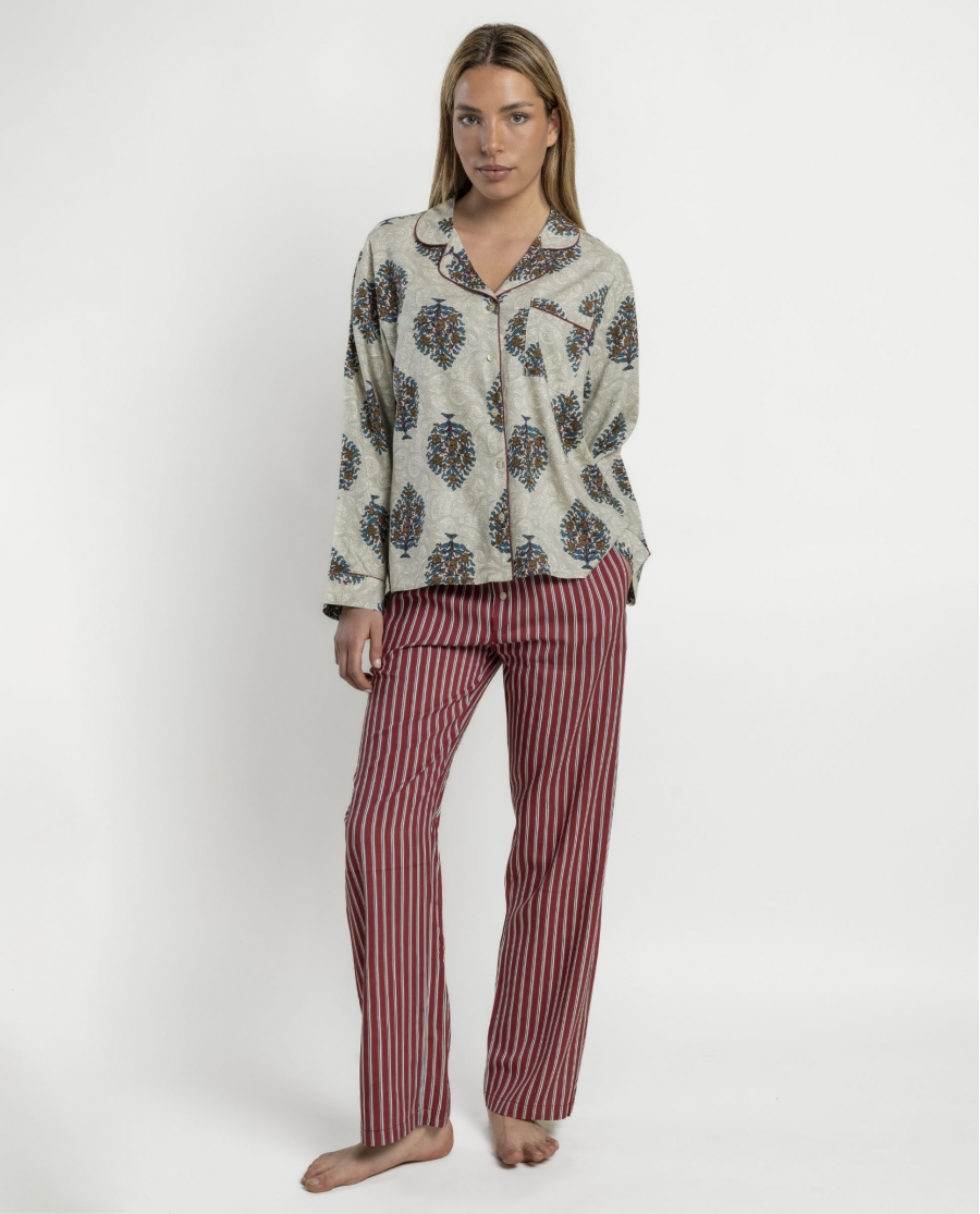 ADMAS Pijama Abierto Manga Larga Nature Stripes para Mujer BEIGE