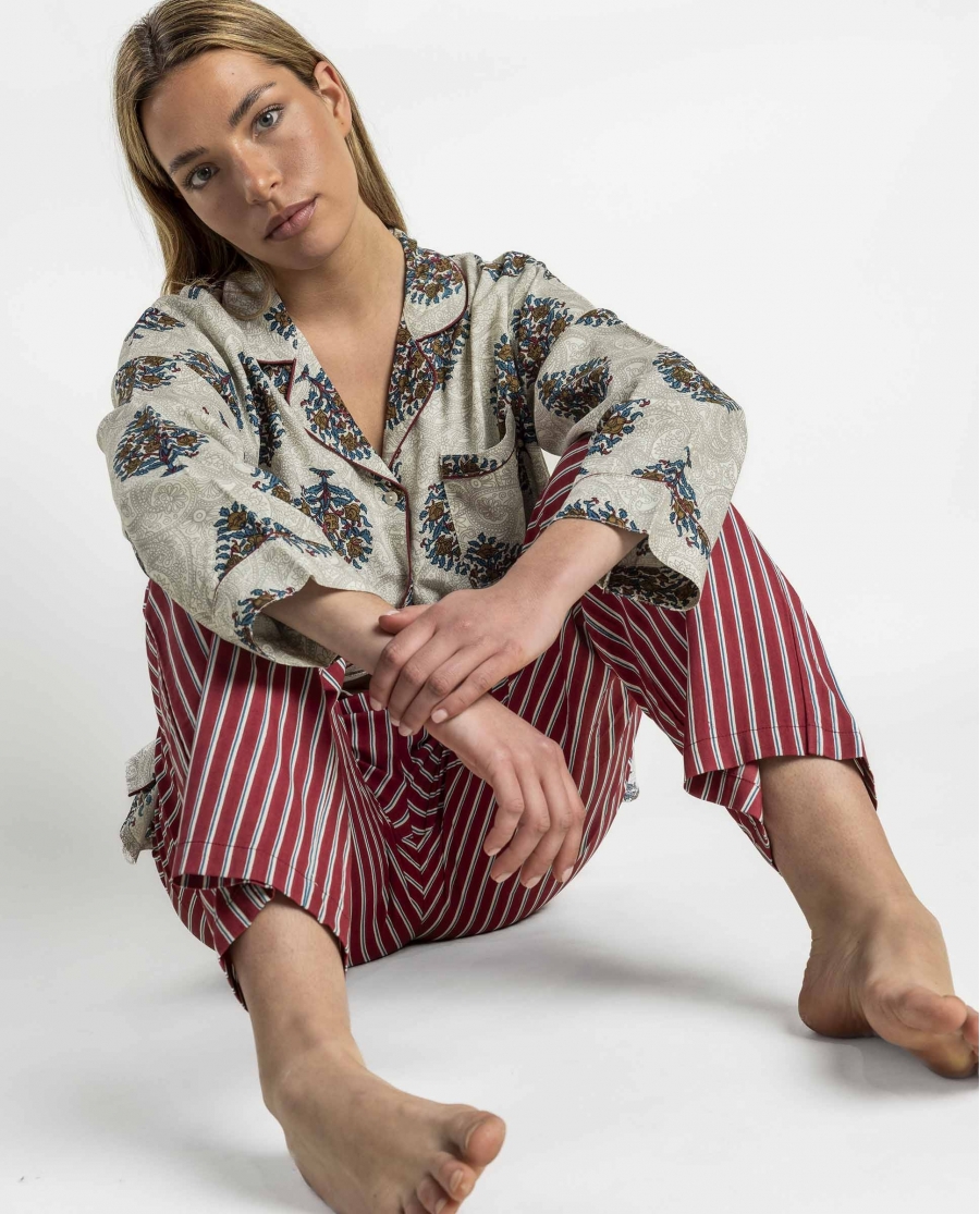 ADMAS Pijama Abierto Manga Larga Nature Stripes para Mujer BEIGE
