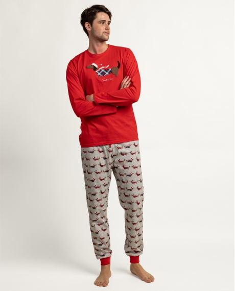 ADMAS Pijama Manga Larga Holiday Dog para Hombre ROJO