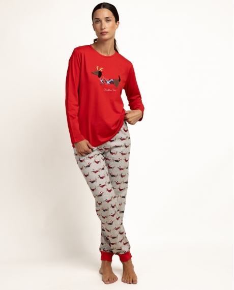 ADMAS Pijama Manga Larga Holiday Dog para Mujer ROJO
