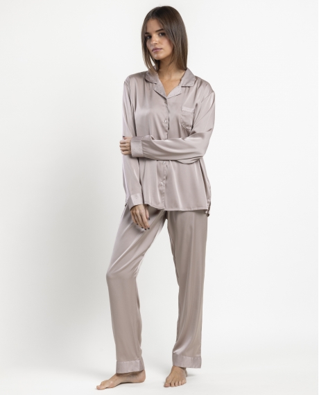 ADMAS Pijama Abierto Manga Larga Crystal Satin para Mujer PIEDRA