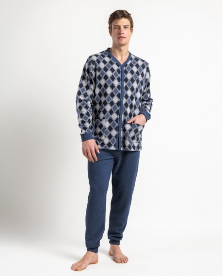 ADMAS MAGNIFIC Pijama Abierto Manga Larga Diamonds para Hombre AZUL