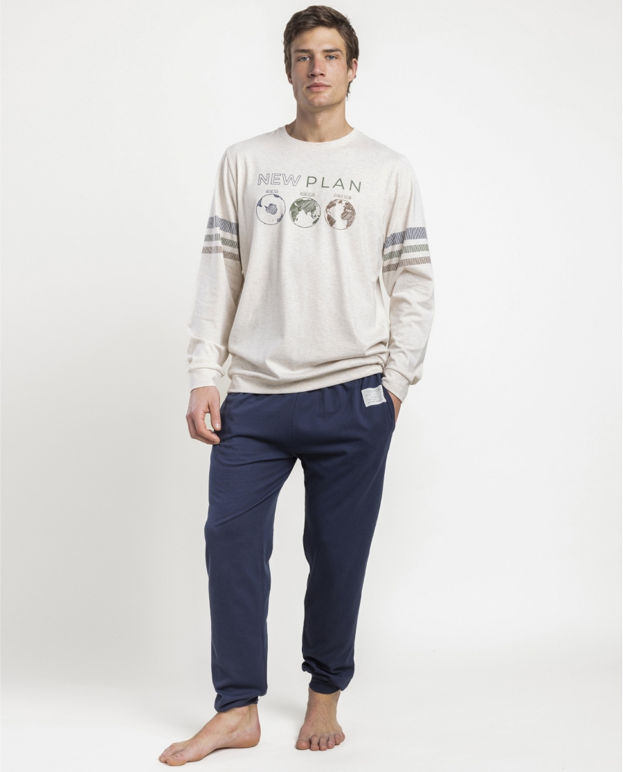 NEW PLAN Pijama Manga Larga Beige Planetary para Hombre BEIGE