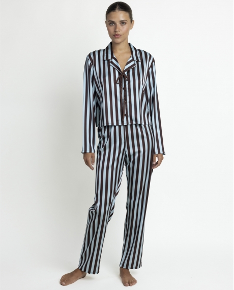 ADMAS LUXURY Pijama Abierto Manga Larga Love Stripes para Mujer AZUL