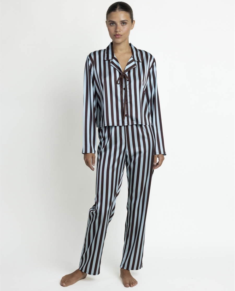 ADMAS LUXURY Pijama Abierto Manga Larga Love Stripes para Mujer AZUL