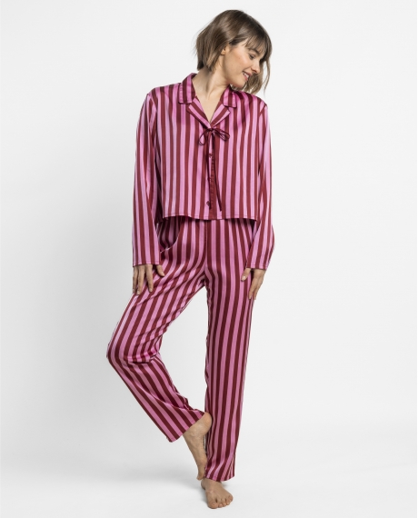 ADMAS LUXURY Pijama Abierto Manga Larga Love Stripes para Mujer ROSA