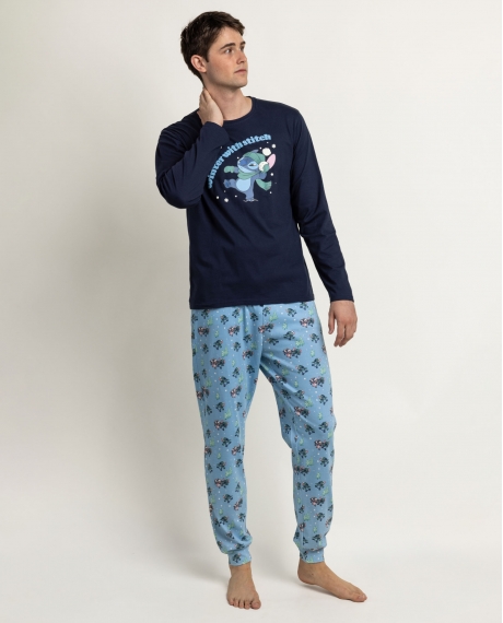 DISNEY Pijama Manga Larga Winter With Stitch para Hombre MARINO