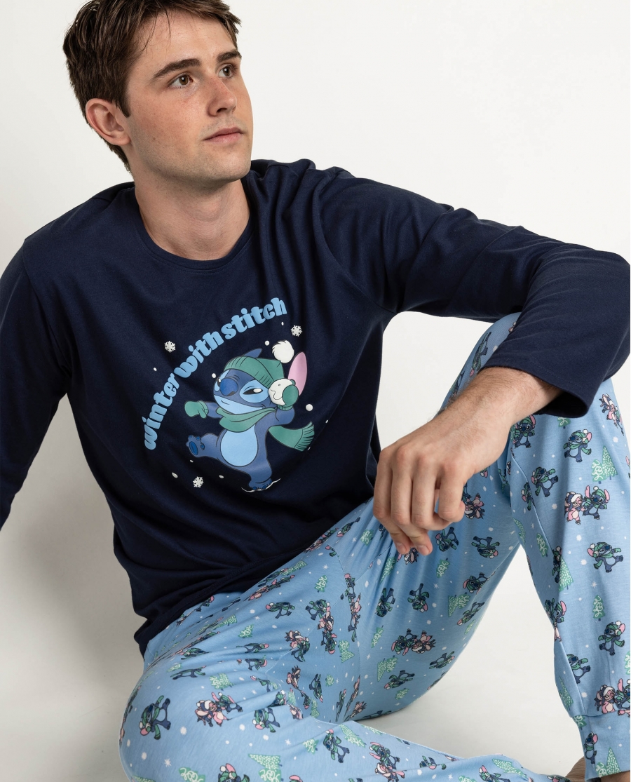 DISNEY Pijama Manga Larga Winter With Stitch para Hombre MARINO