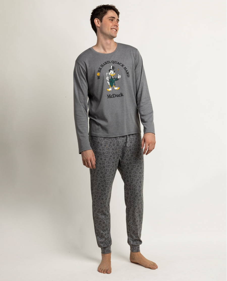 DISNEY Pijama Manga Larga Work Hard Quack Hard para Hombre GRIS JASPE