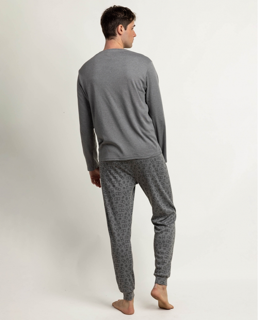 DISNEY Pijama Manga Larga Work Hard Quack Hard para Hombre GRIS JASPE