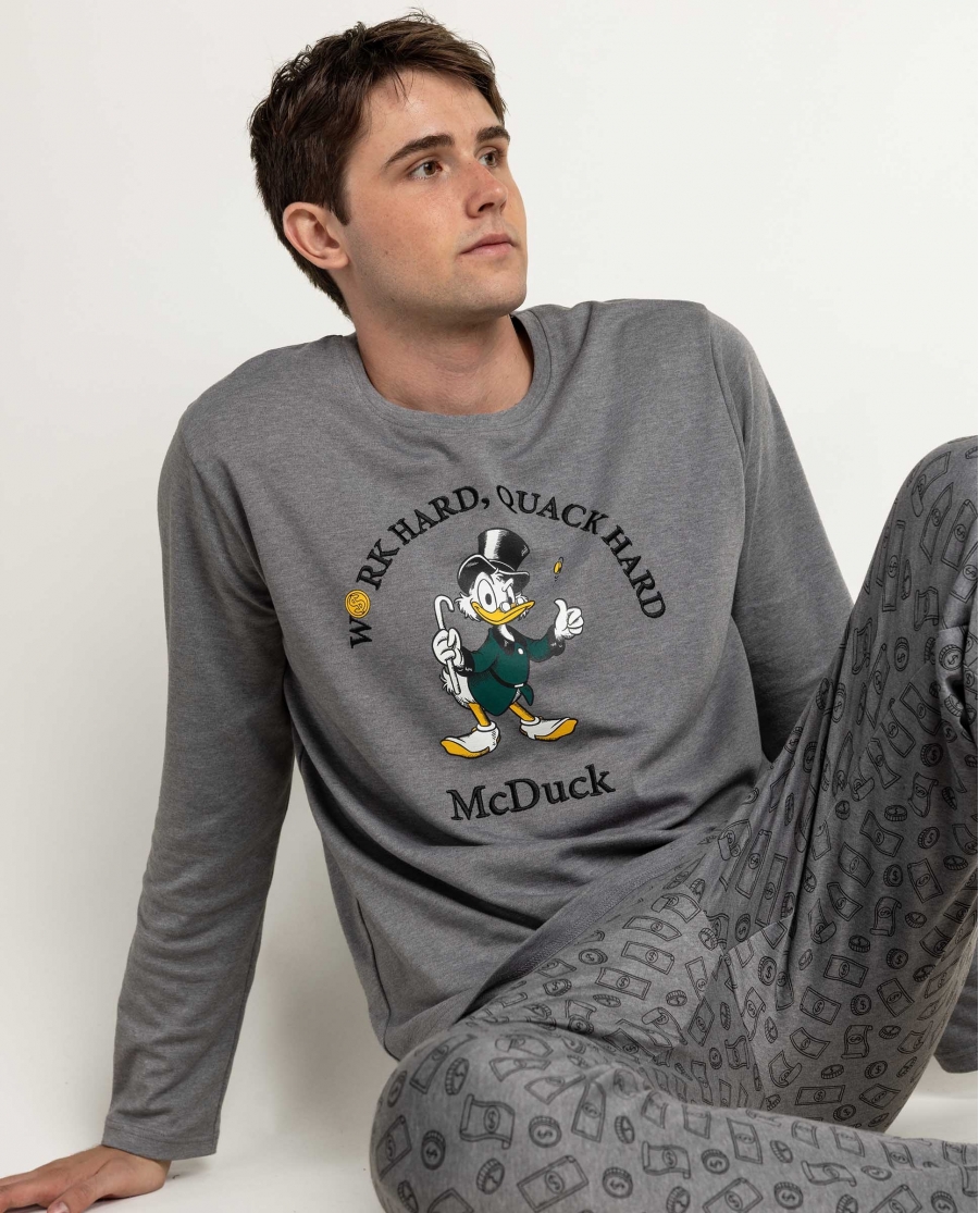 DISNEY Pijama Manga Larga Work Hard Quack Hard para Hombre GRIS JASPE
