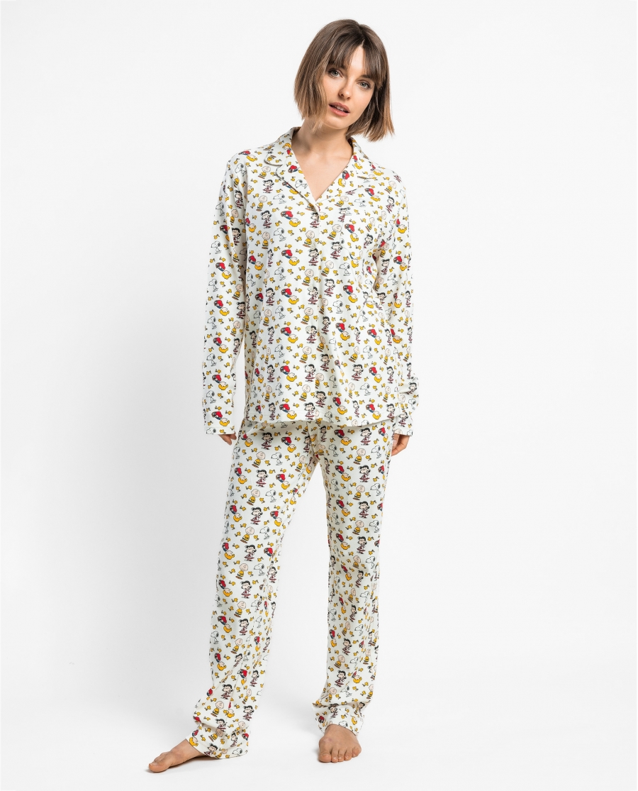 PEANUTS Pijama Abierto Manga Larga Meet Up para Mujer CRUDO