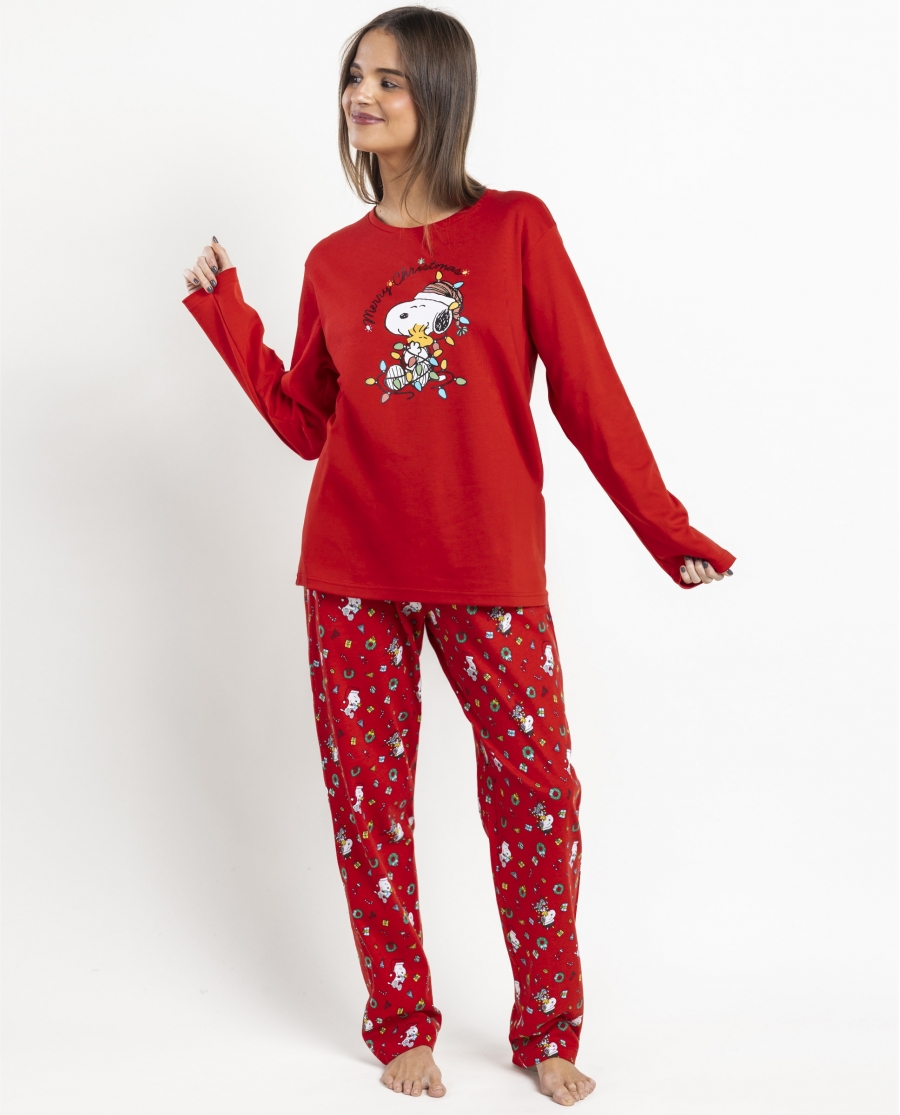PEANUTS Pijama Manga Larga Merry Snoopy para Mujer ROJO
