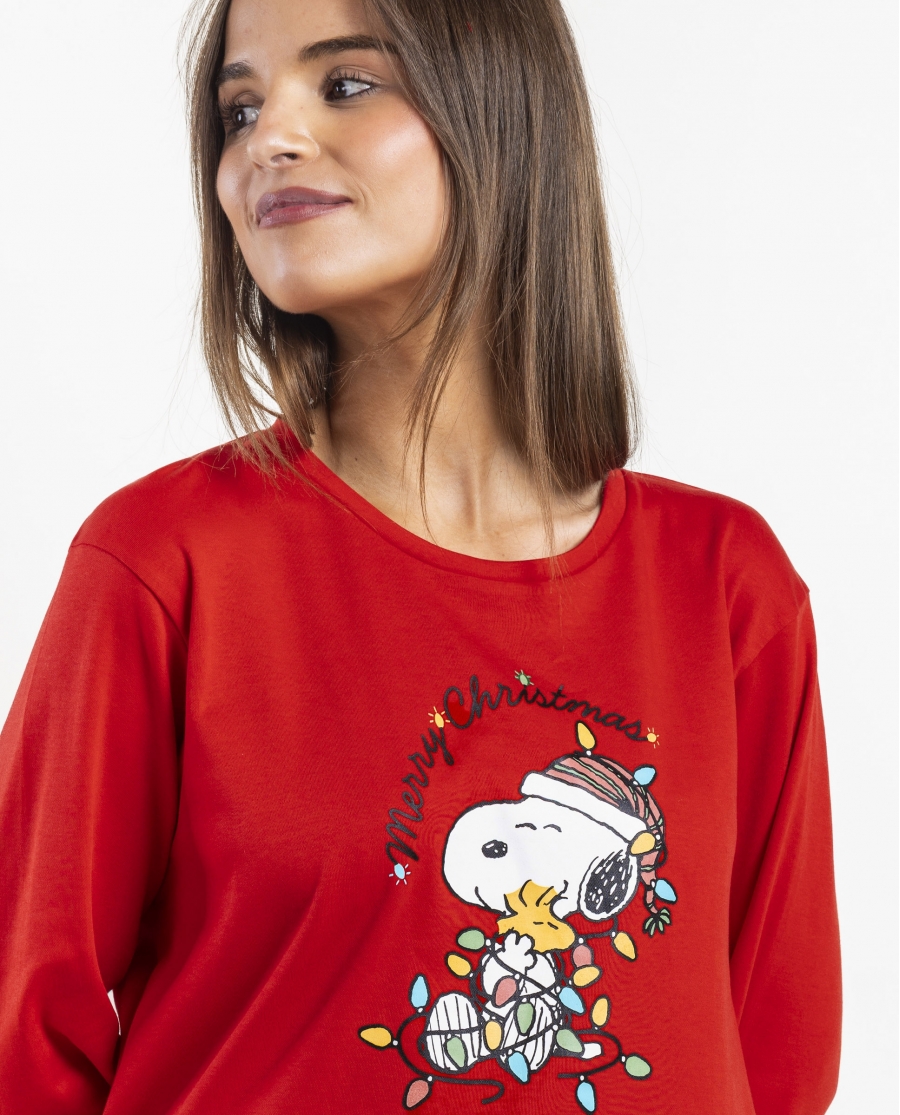 PEANUTS Pijama Manga Larga Merry Snoopy para Mujer ROJO