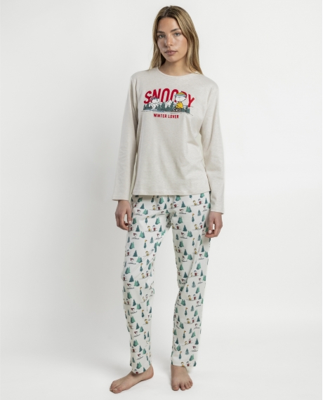 PEANUTS Pijama Manga Larga Snoopy Mountain para Mujer BEIGE