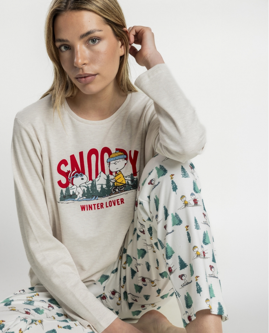 PEANUTS Pijama Manga Larga Snoopy Mountain para Mujer BEIGE