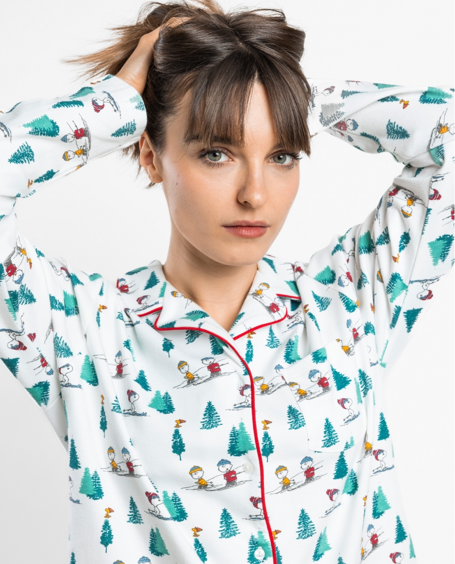 PEANUTS Pijama Abierto Manga Larga Snoopy Mountain para Mujer BLANCO