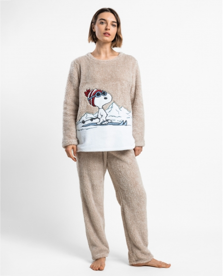 PEANUTS Pijama Calentito Manga Larga Snoopy Mountain para Mujer BEIGE