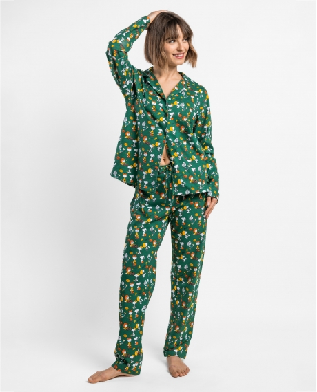 PEANUTS Pijama Abierto Manga Larga Winter Sports para Mujer VERDE
