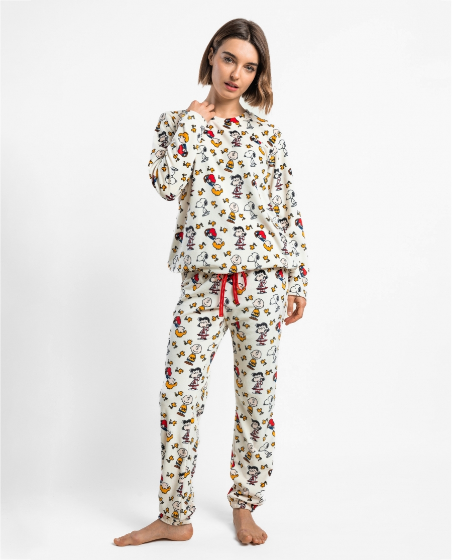PEANUTS Pijama Manga Larga Velvet Meet Up para Mujer CRUDO