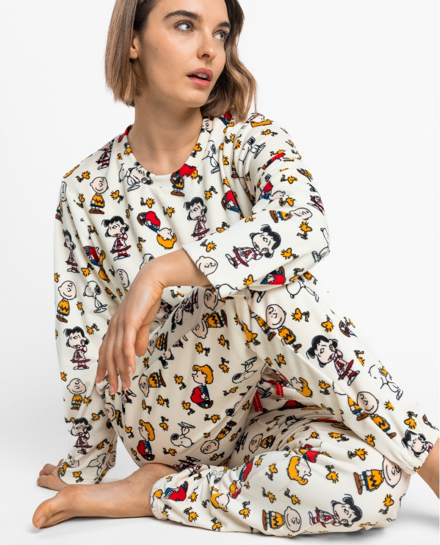 PEANUTS Pijama Manga Larga Velvet Meet Up para Mujer CRUDO