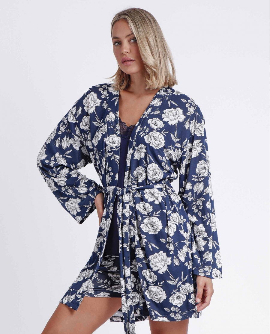 ADMAS GARDEN Bata Manga Larga Navy Flowers para Mujer MARINO
