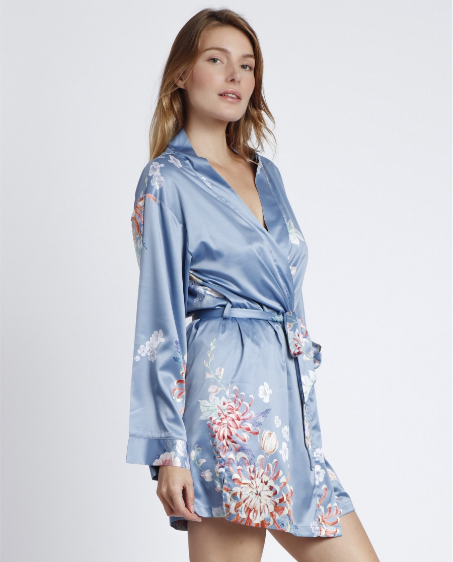 ADMAS GARDEN Bata Manga Larga Romantic Flowers para Mujer AZUL