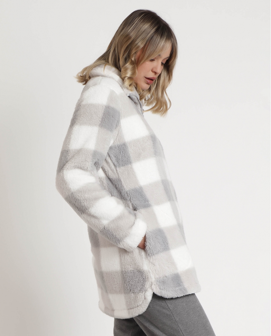 STAY AT HOME Bata Manga Larga Calentita Cuadro Vichy para Mujer GRIS