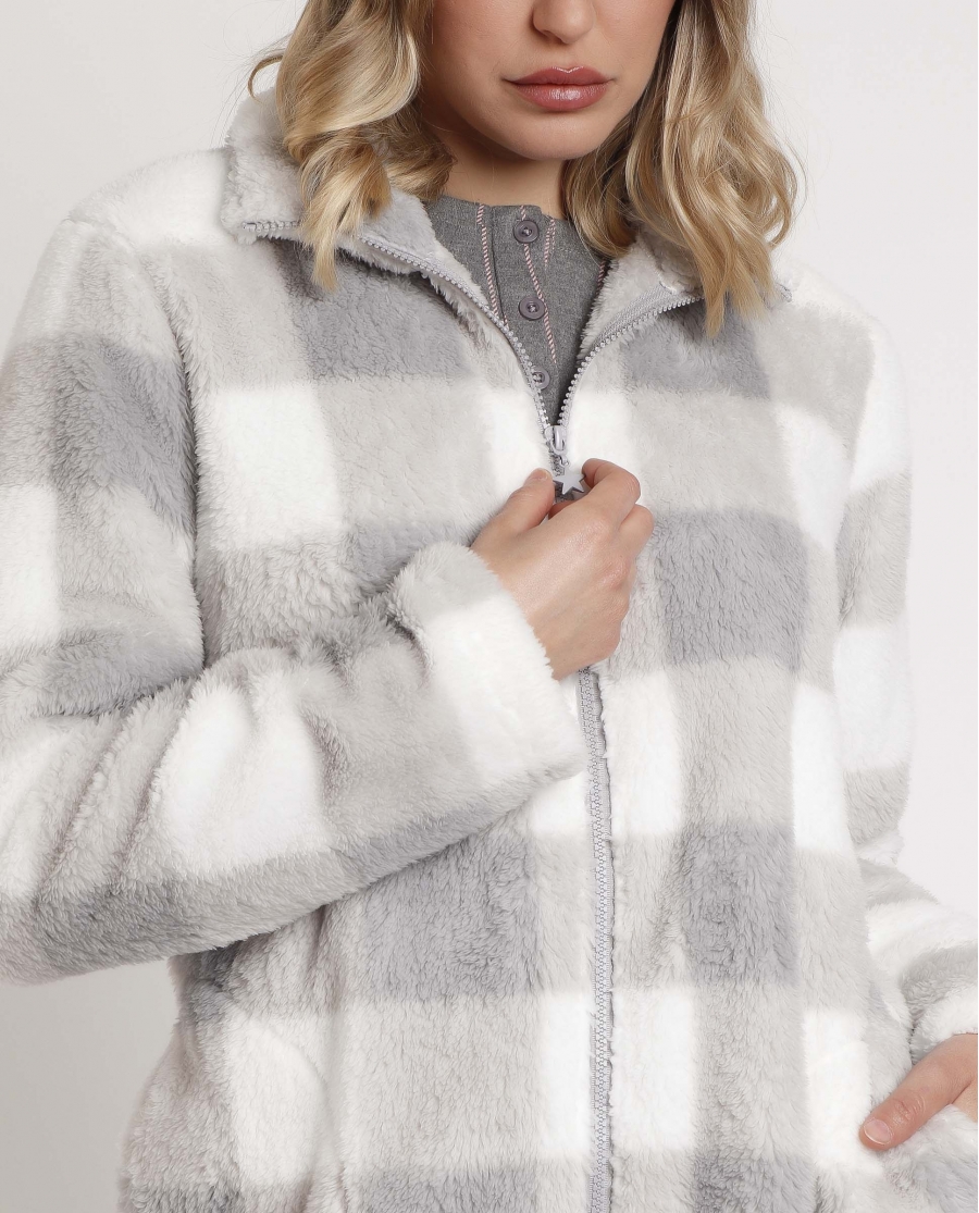 STAY AT HOME Bata Manga Larga Calentita Cuadro Vichy para Mujer GRIS