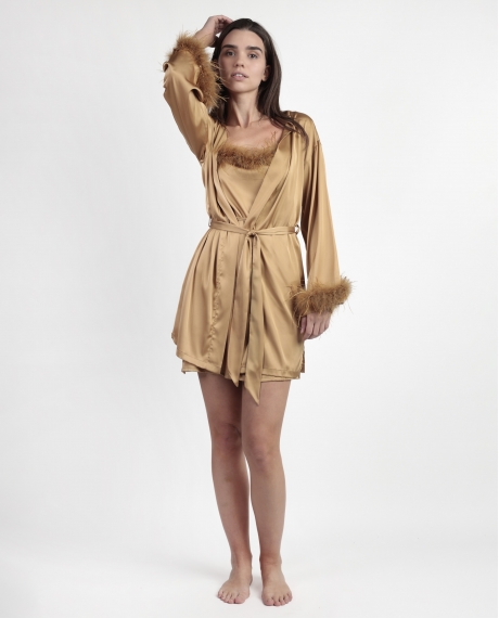 ADMAS LUXURY Bata Manga Larga Marabu Luxe para Mujer ORO