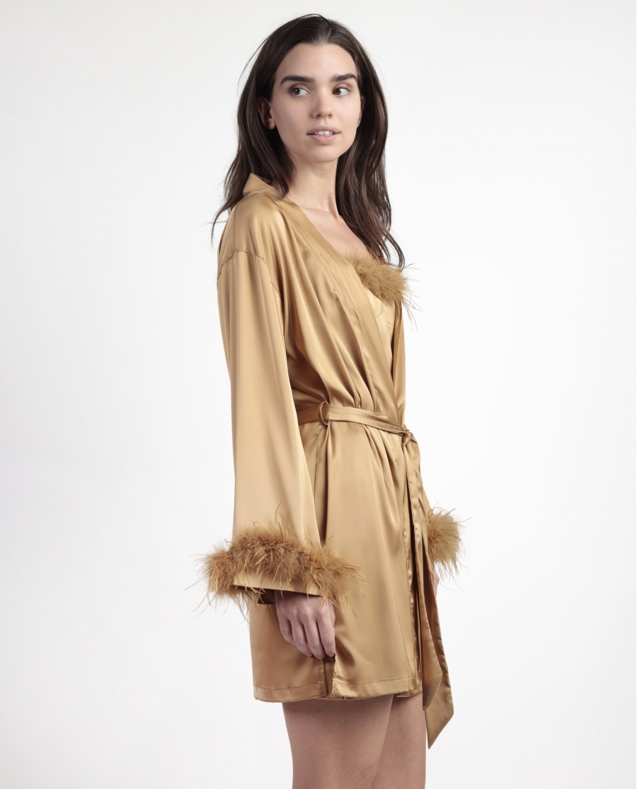 ADMAS LUXURY Bata Manga Larga Marabu Luxe para Mujer ORO